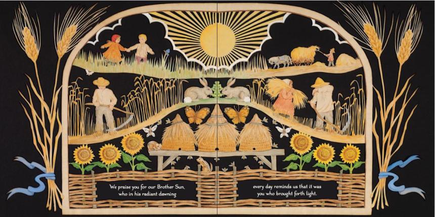 Laudato sie, mi’ Signore, cum tucte le tue creature,
spetialmente messor lo frate sole,
lo qual è iorno, et allumini noi per lui.
Et ellu è bellu e radiante cum grande splendore:
de te, Altissimo, porta significatione